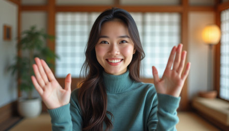 A joyful young woman with long hair is waving her hands enthusiastically, radiating positivity in a cozy, well-lit room. Her warm smile and inviting gesture create an atmosphere of friendliness and connectionの素材