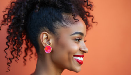 A joyful woman with beautiful curly hair showcases her radiant smile against a warm orange backdrop. Her colorful earrings add a playful touch, embodying confidence and styleの素材