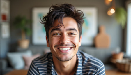 A joyful young man with tousled hair beams at the camera, radiating positivity and warmth in a cozy indoor setting. His infectious smile invites connection, making the viewer feel at home in this inviting atmosphereの素材