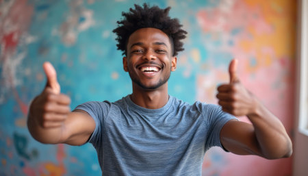 A cheerful young Black man flashes a bright smile while giving two thumbs up against a vibrant, colorful background. His expression radiates positivity and confidence, inviting viewers to share in his uplifting energyの素材