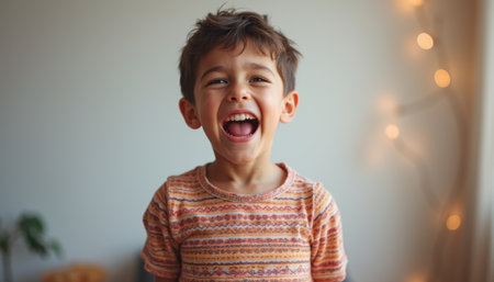 A cheerful young boy beams with happiness, showcasing his infectious laughter against a softly lit background. His playful spirit radiates warmth and joy, inviting everyone to share in his delightの素材