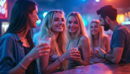 A lively gathering of four friends, two women and two men, share laughter and drinks in a colorful bar illuminated by neon lights. The atmosphere is electric, filled with joy and camaraderie, as they create unforgettable memories togetherの素材