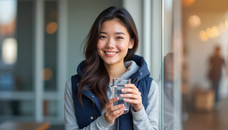 A cheerful young woman with long dark hair holds a glass of clear water, radiating positivity and health. Her warm smile and casual attire create an inviting atmosphere, perfect for promoting wellness and hydrationの素材