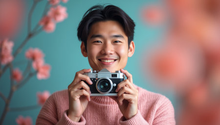A cheerful young man with dark hair beams at the camera while holding a vintage camera, surrounded by soft pink blossoms. This vibrant scene captures the joy of photography and the beauty of spring, inviting viewers to share in his passion for capturing momentsの素材