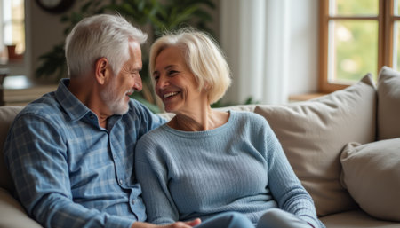 An affectionate elderly couple, a man with gray hair and a woman with short blonde hair, share a warm smile while sitting together on a plush sofa. Their eyes sparkle with love and companionship, creating a heartwarming atmosphere filled with joy and connectionの素材