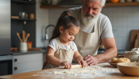 A heartwarming scene of a grandfather and his young granddaughter joyfully baking in a sunlit kitchen, surrounded by flour and ingredients. Their shared laughter and focus create a delightful atmosphere of love and tradition, as they bond over the art of cookingの素材