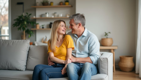 A happy couple sits closely on a soft sofa, exchanging smiles and laughter in a warm, inviting living room. Their connection radiates love and joy, creating an atmosphere of intimacy and comfortの素材