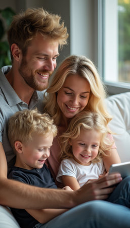 A joyful family of four, including a man, woman, and two children, share laughter while looking at a tablet on a cozy sofa. This heartwarming scene captures the essence of togetherness and the joy of family bonding in a bright, inviting living spaceの素材