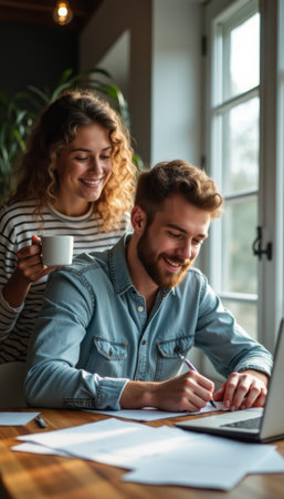 A cheerful couple shares a warm moment as the woman holds a coffee cup while the man focuses on his laptop. Their smiles and relaxed atmosphere create a sense of partnership and creativity in a home workspaceの素材
