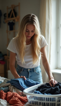 A focused young woman with long blonde hair is folding freshly laundered clothes in a bright, airy room. The warm sunlight streaming through the window creates a cozy atmosphere, highlighting her dedication to household choresの素材