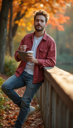 A stylish young man leans against a wooden railing, sipping coffee amidst a backdrop of vibrant autumn foliage. His relaxed demeanor and the warm colors of fall create a cozy, inviting atmosphere perfect for reflection and inspirationの素材