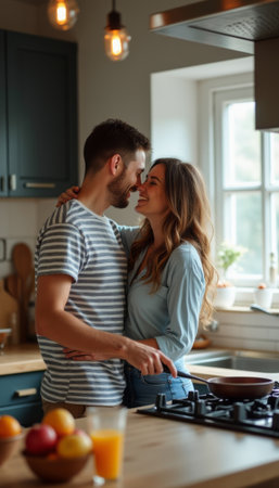A happy couple embraces in a warm kitchen, radiating love and connection as they prepare a meal together. The inviting atmosphere, filled with soft light and vibrant colors, enhances the feeling of intimacy and togethernessの素材