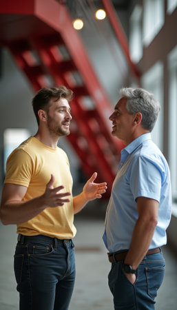 A young man in a yellow shirt animatedly discusses with an older man in a blue shirt, set against a modern backdrop with striking red stairs. Their expressions convey warmth and connection, highlighting the beauty of intergenerational dialogue and shared ideasの素材