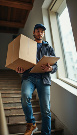 A focused delivery man, dressed in casual attire, carefully descends the stairs while balancing a large box and a clipboard. This image captures the essence of hard work and dedication in the logistics industry, showcasing the daily hustle of a modern courierの素材