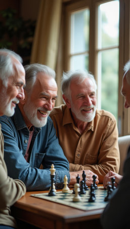 A group of cheerful elderly men share laughter and strategy over a chessboard, creating a warm atmosphere of friendship and camaraderie. Their smiles and engaging expressions highlight the joy of connection and the thrill of friendly competitionの素材