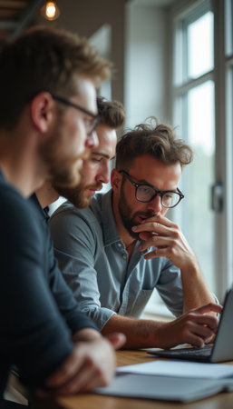 In a cozy workspace, three men with varying hairstyles and glasses engage in deep discussion while analyzing data on a laptop. Their expressions reflect concentration and teamwork, showcasing the power of collaboration in a modern settingの素材