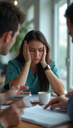 A worried woman in scrubs holds her head in frustration during a tense discussion with colleagues. The scene captures the pressures of the healthcare environment, highlighting the emotional toll on professionalsの素材
