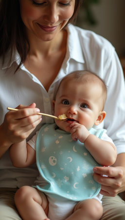 A loving mother gently feeds her adorable baby, who is curiously enjoying the meal with wide eyes. This heartwarming moment captures the bond of nurturing and joy in early childhoodの素材