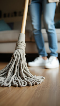 A focused individual in casual attire is diligently mopping a wooden floor, showcasing a commitment to cleanliness and home care. The soft textures of the mop contrast beautifully with the sleek floor, creating a serene atmosphere of tidiness and orderの素材