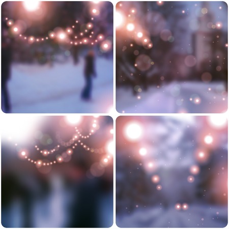 Vector illustration. Blurred background. Snowy evening street with lights garlands. Wallpaper.のイラスト素材