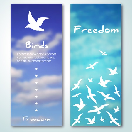 Banners with flying birds silhouettes. Vector illustration.のイラスト素材