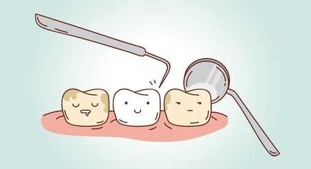 Comics about dental diagnostics and treatment.  Vector illustration for children dentistry and orthodontics. Cute vector characters. Funny teeth.のイラスト素材