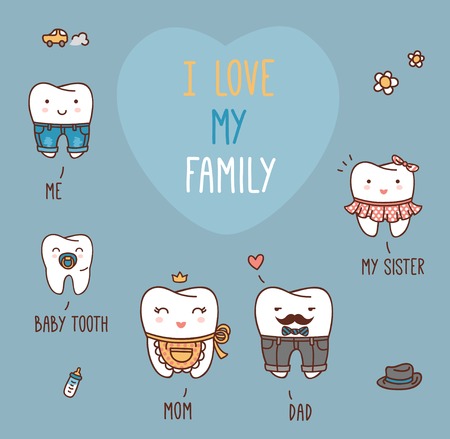 Happy family teeth set. Dental collection for your design. Vector cartoons. Illustration for children dentistry and orthodontics. I love my family message. Mom, dad, sister and brother, baby tooth.のイラスト素材