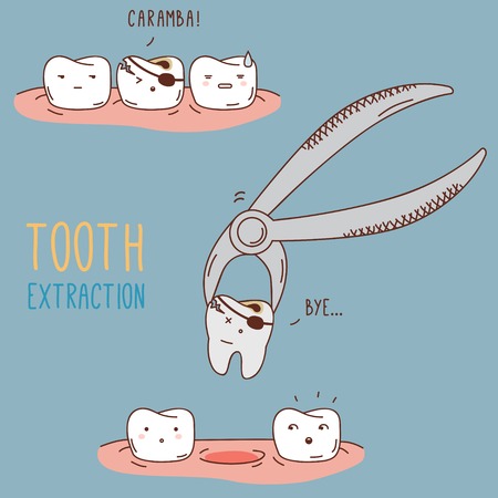 Teeth treatment and care. Dental collection of characters for your design. Illustrations for children dentistry and kids about toothache, care and treatment. Tooth dental extraction, removal of tooth.のイラスト素材