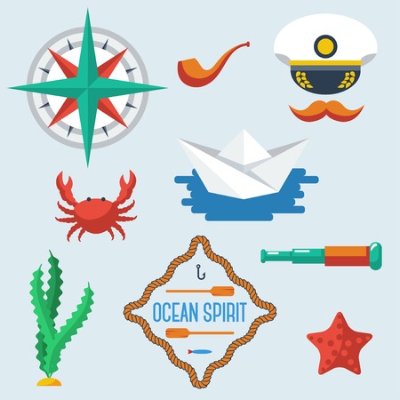 Sea objects collection. Vector illustration. Sea creatures. Paper boatのイラスト素材