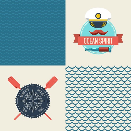 Navy vector seamless patterns set, scallop and waves. のイラスト素材