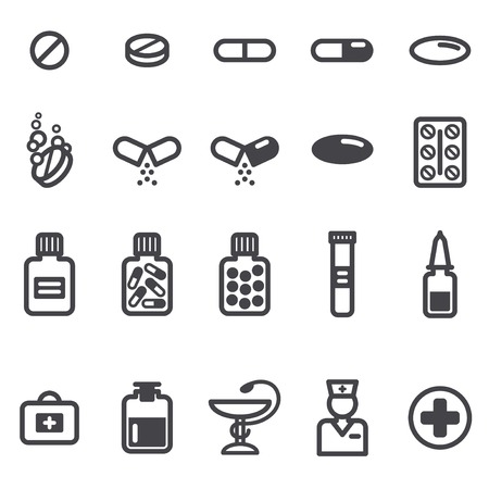 Pills and capsules icons set. Vector illustration. Pharmacy symbols and objects.のイラスト素材