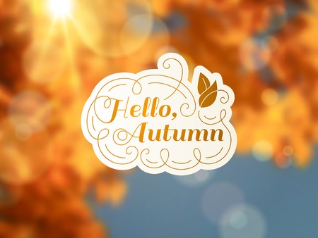 Autumn background with vintage label and sun beam. Vector illustration. Abstract blurred background. Bokeh.のイラスト素材