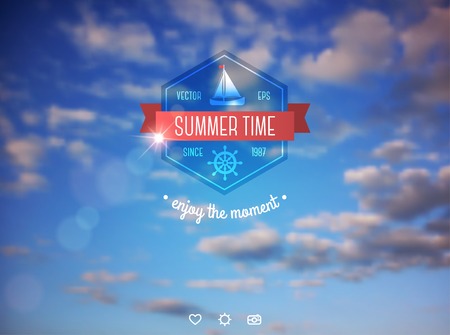Vector background. Summer time label with ribbon and icons. Smooth blurred sky backdrop.のイラスト素材