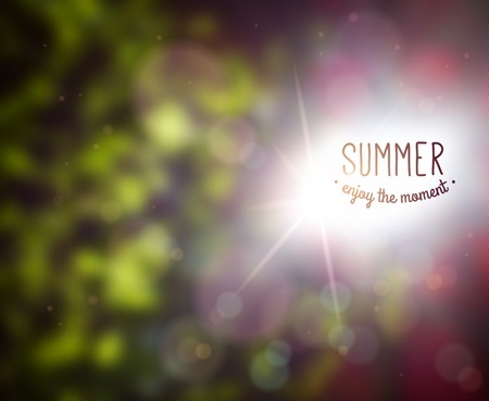 Blur leaves background with sunlight. Summer Time. Typographic retro label.のイラスト素材
