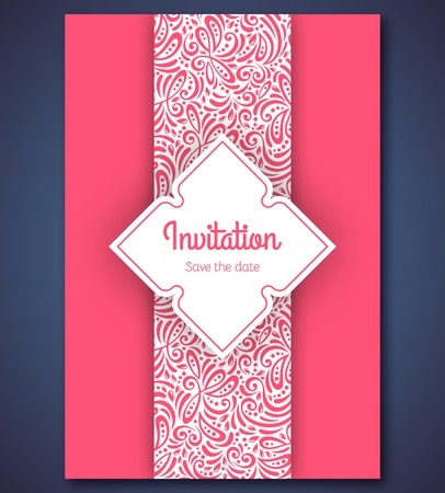 Vector illustration. Great for invitations or announcements. Pink and violet color. Curls and dot shape.のイラスト素材