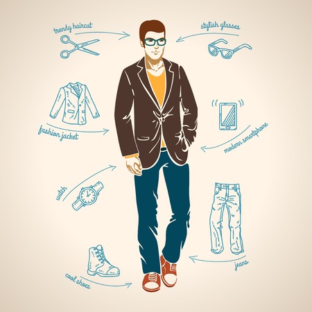 Handsome young man. Vector illustration. Arrows with fashion trends.のイラスト素材