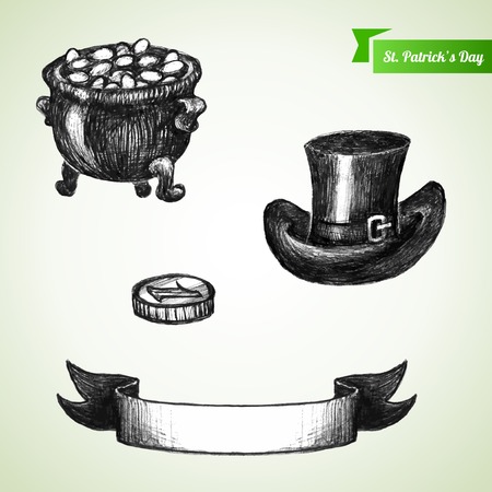 St. Patrick\'s Day set with hand drawn sketch pot, hat, coin. Vector illustration.のイラスト素材