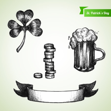 St. Patrick\'s Day set with hand drawn sketch clover, beer, coins. Vector illustration.のイラスト素材
