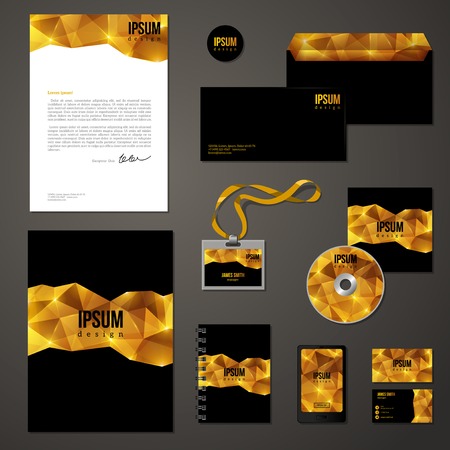 Golden corporate identity template. Vector company style for brandbook and guideline. Envelope, business cards, folder, disc with packaging, magnet, notebook, badge, phone interface design.のイラスト素材
