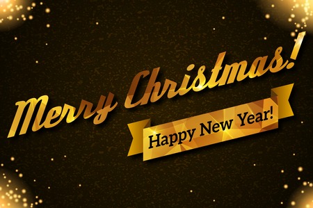 Vector illustration. Gold lettering on black textured background. Lights and sparkles. Golden ribbon.のイラスト素材