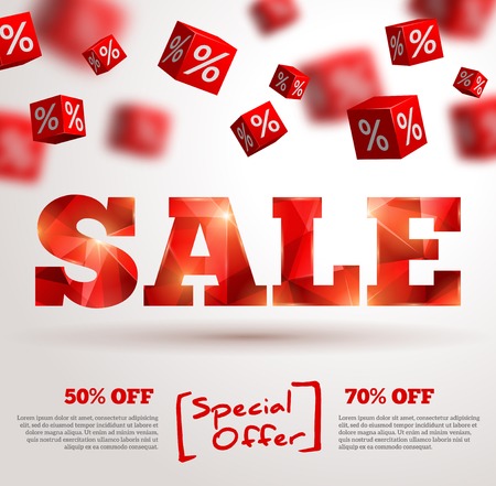 Sale poster. Vector illustration. Design template for holiday sale event. 3d red cubes with percents. Original festive backdrop.のイラスト素材