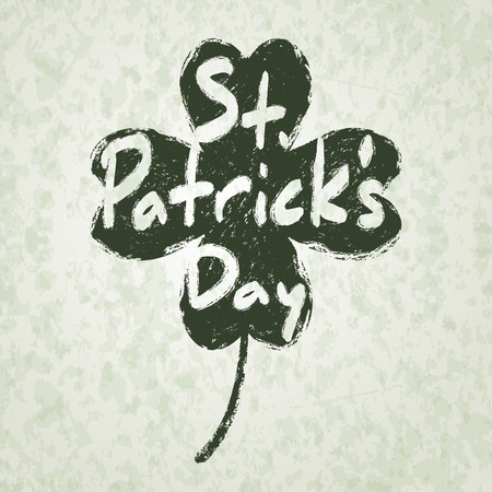 St. Patrick\'s day Lettering Inside Four Leaf Clover Silhouette. Saint Patrick Symbol. Grunge Hand Drawn Style. Shamrock Background.のイラスト素材