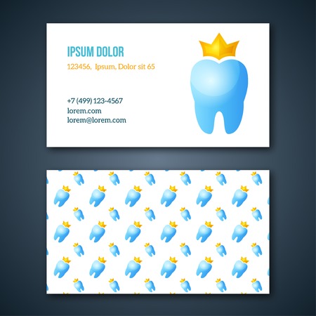 Dental Clinic Corporate Identity Template. Dentist Business Cards set. Vector illustration. Tooth with crown logotype design. Typographic template for you text.のイラスト素材