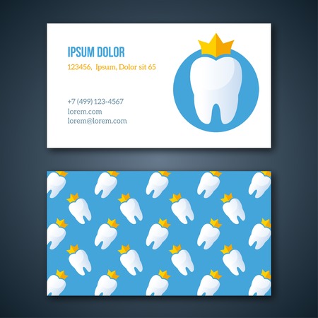 Dental Clinic Corporate Identity Template. Dentist Business Cards set. Vector illustration. Tooth with crown logotype design. Typographic template for you text.のイラスト素材