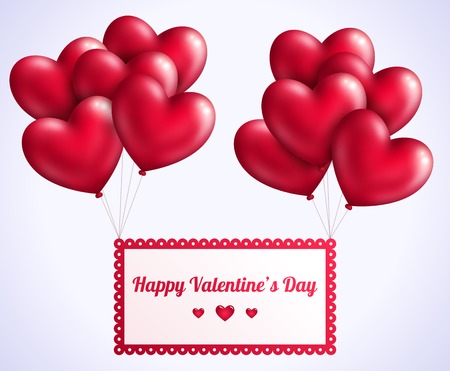 Valentine\'s day background with red flying hearts balloons. Vector illustration. Banner with Happy Valentines Day message. Festive background for Mothers day or Womans Day.のイラスト素材