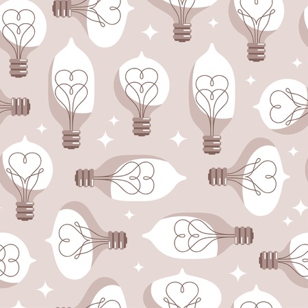 Vintage Colored Light Bulbs Seamless Pattern. Vector Illustration. Lightbulbs with Filament like Heart Inside. Creative Valentines Day Tiling.のイラスト素材