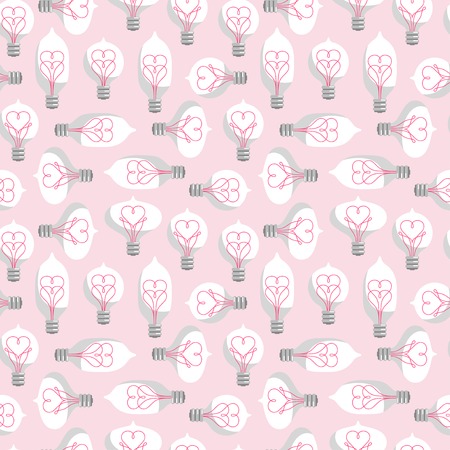 Vintage Colored Light Bulbs Seamless Pattern. Vector Illustration. Lightbulbs with Filament like Heart Inside. Creative Valentines Day Tiling.のイラスト素材