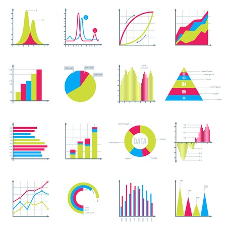 Infographics Elements in Modern Flat Business Style. Graphics for Data Visualization. Bar Diagrams, Pie Charts Diagrams, Graphs showing growth. Icons Set Isolated on White. Vector illustration.のイラスト素材