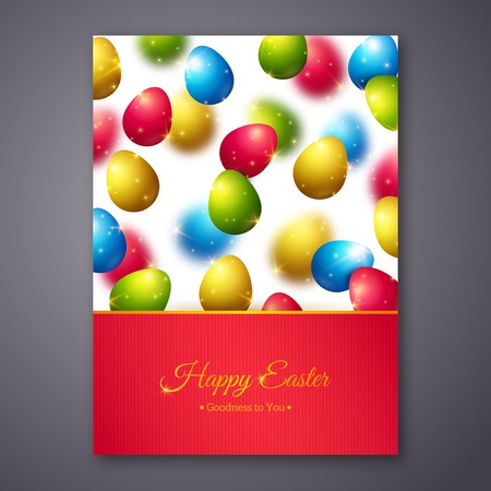 Happy Easter Greeting Card Design with Colorful Eggs. Vector Illustration. Realistic Shining Easter Background with Flying Eggs and Sparkles. Happy Easter Holiday Greetings. Easter Egg Hunt.のイラスト素材
