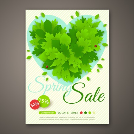 Spring Sale Flyer Design with Green Leaves. Vector illustration. Place for your Text Message. Business Event Concept. Sale Banner Design for Web Site.のイラスト素材